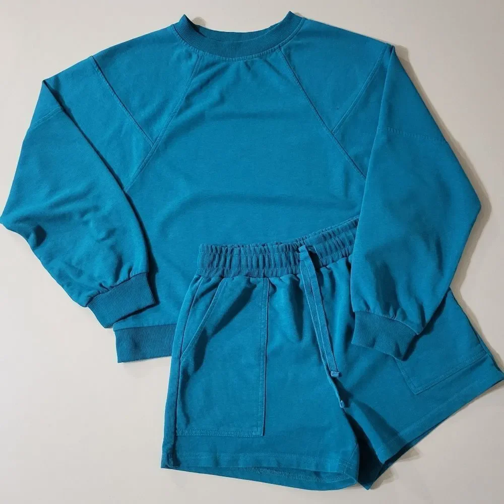 Merokeety Women's Teal Long Sleeve Pullover Top and Shorts Lounge 2-Piece Set